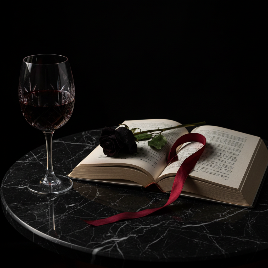 An open dark romance novel lies on a polished black marble surface, its creamy pages spread wide, a crimson silk ribbon marking a particularly intense chapter. Beside it, a heavy crystal glass filled with dark red wine catches the dim, warm glow of a single unseen lamp, casting fractured ruby reflections across the marble. A black rose, slightly wilted, rests on the page margin without obscuring the text. Shot from a slightly elevated angle in photographic realism, with deep shadows swallowing the background, the scene feels intimate, secretive, and decadent, perfect for a dark romance book club event banner.