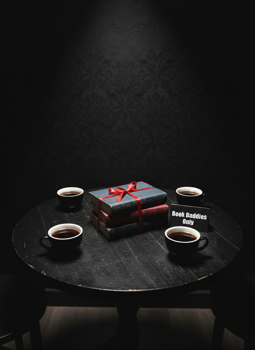 A reserved table for a dark romance book club event: a round, black wooden table with a subtle distressed finish, set in front of an almost-black wall with faint, textured patterns reminiscent of wallpaper damask. At the center, a stack of anonymous leather-bound books in dark tones is tied together with a narrow crimson ribbon. Around them sit black ceramic teacups filled with inky tea, their surfaces catching a soft, directional spotlight from above. A small, tent-style card reads “Book Baddies Only” in sharp white lettering. Photographic realism, slightly elevated angle, selective focus, and a clandestine, exclusive atmosphere.
