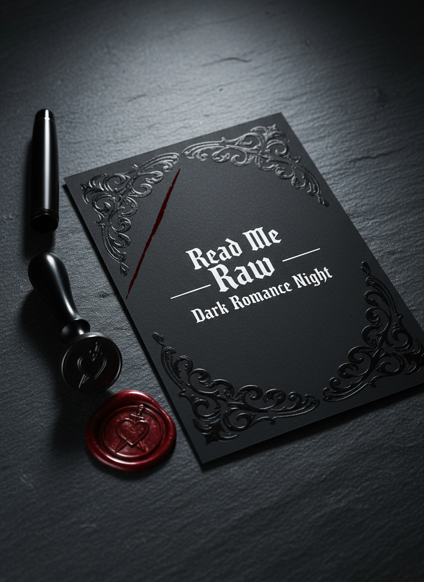 A detailed close-up of a decorative event invitation for a dark romance book club, lying atop a slate-gray stone surface. The invitation is printed on heavy black cardstock with glossy black embossed filigree and sharp white text reading “Read Me Raw – Dark Romance Night.” A thin line of crimson ink runs like a deliberate scratch across one corner of the card. A black metal fountain pen rests beside it, and a wax seal stamp with a heart and dagger emblem sits nearby, with a small puddle of cooled deep red wax. Photographic realism, side-lit with cool, directional light creating crisp shadows and a sleek, dangerous sophistication.