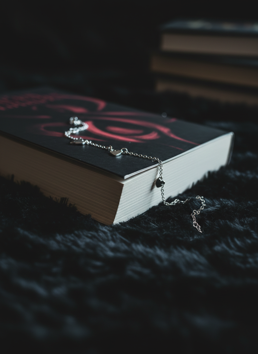 A close-up of a single dark romance paperback lying face down, pages slightly splayed, on a plush black faux fur throw. The cover, visible at an angle, features shadowy, abstract shapes in deep blacks and reds without depicting any people. A thin chain bracelet with tiny heart-shaped charms is draped over the spine, catching a subtle cool-toned studio light from the right that creates gentle metallic highlights. The background falls quickly into velvety darkness with soft bokeh hints of other stacked books. Photographic realism, intimate macro-style composition, and a sultry, indulgent mood that whispers of obsessive, late-night reading.