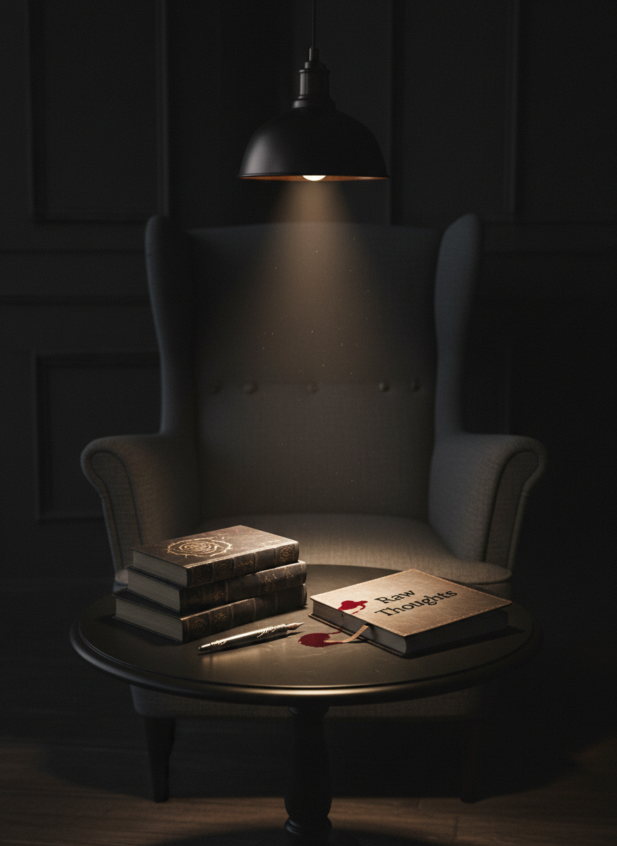 An inviting yet ominous reading nook prepared for a dark romance meet-up: a low black side table holds a small stack of dark-covered books, a fountain pen with a blood-red ink stain on its nib, and a notebook embossed with the words “Raw Thoughts” in matte black. Behind the table, a high-backed charcoal chair is only partially visible, its silhouette emerging from the shadows. A single overhead pendant casts a narrow cone of warm light, leaving the rest of the room in deep shadow. Photographic realism, eye-level composition, strong chiaroscuro lighting, and a tense, confessional atmosphere suited to intense book discussions.