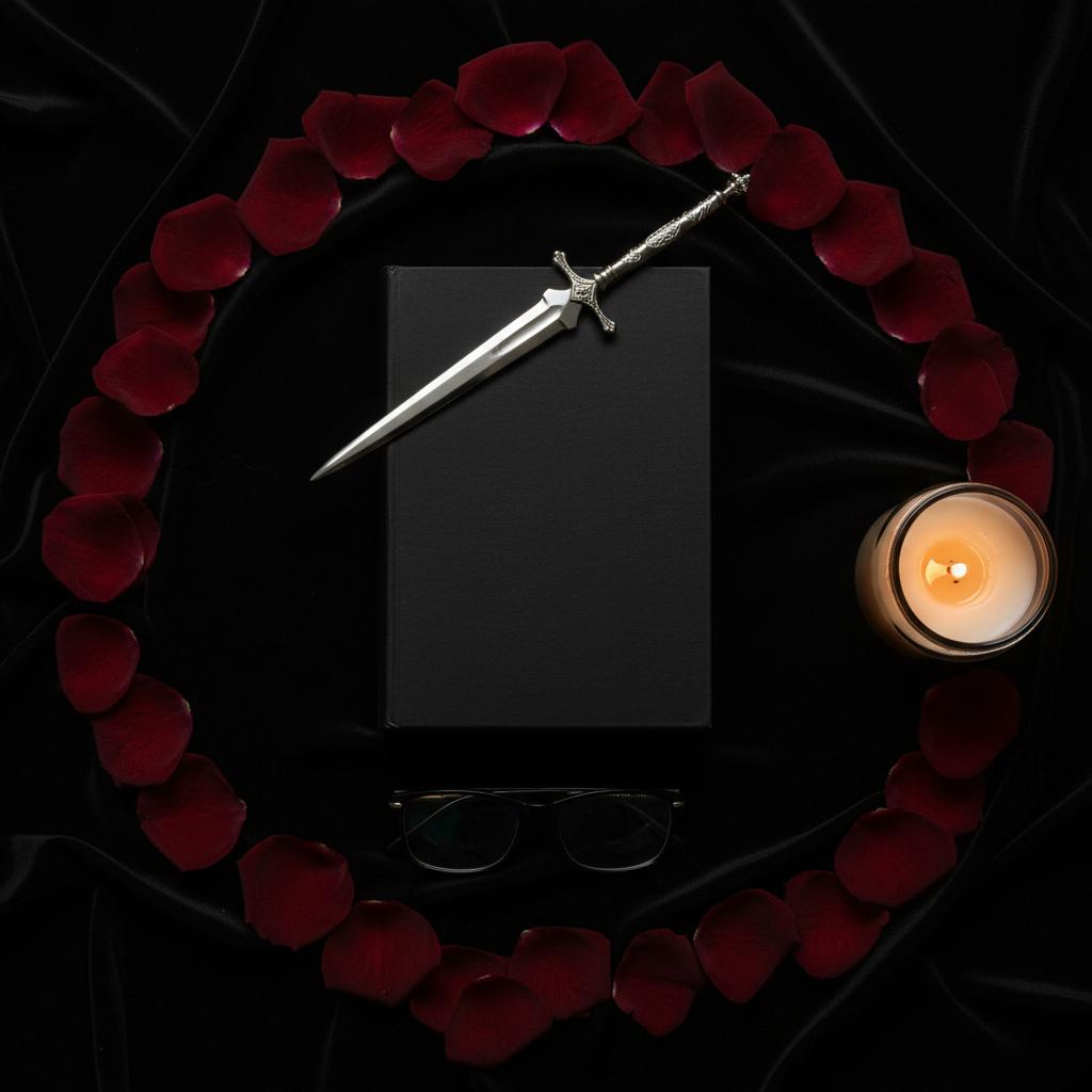 A dramatic flat lay of a dark romance book club night: a closed, matte-black hardcover book with no visible title sits at the center of a circular black velvet cloth. Surrounding it are scattered deep red rose petals, a silver dagger-shaped letter opener, and a pair of black-framed reading glasses folded precisely. A candle in a smoky glass jar burns low at the edge of the frame, its flame casting flickering reflections and soft pools of amber light that barely penetrate the surrounding darkness. Photographic realism, overhead view, rich contrast, and a dangerous yet elegant mood that evokes secretive, after-dark reading sessions for book baddies.