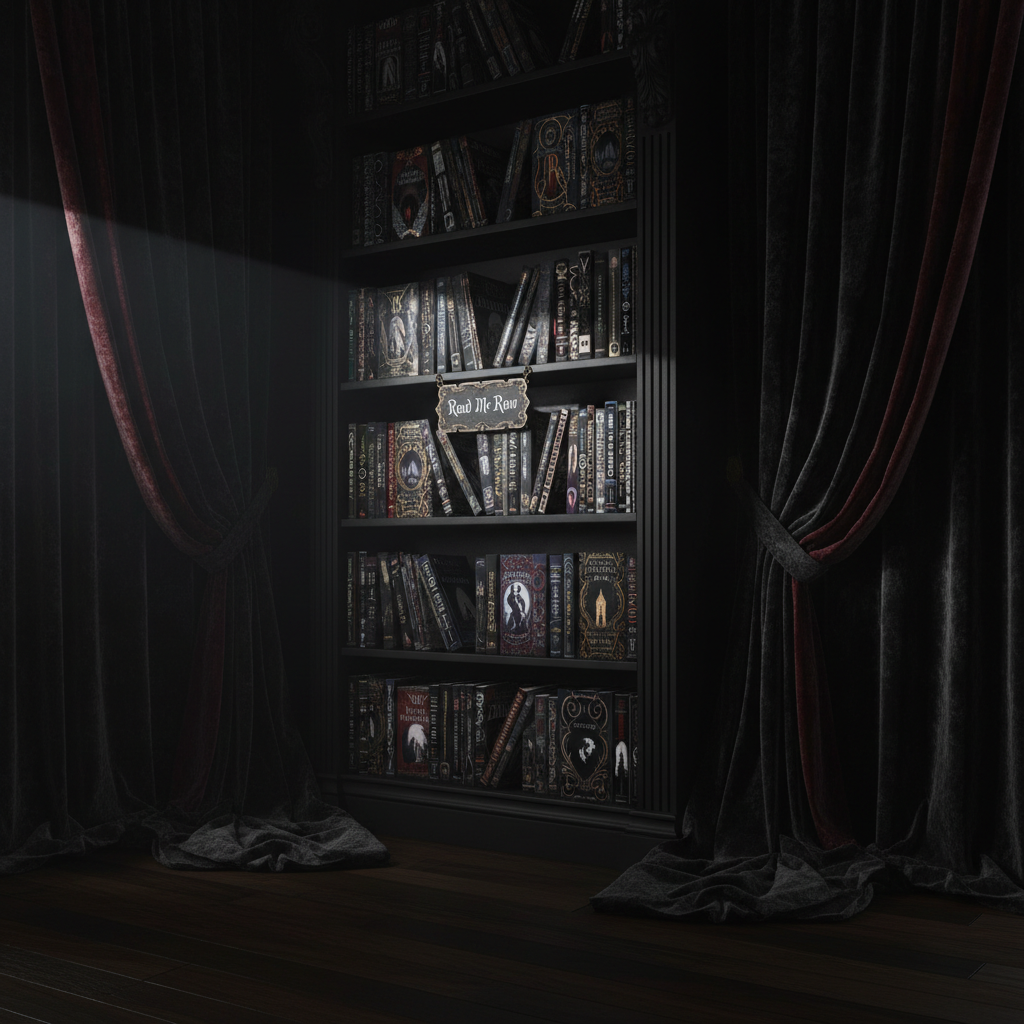 A shadowy corner of an opulent library, where a single black-clad bookshelf displays only dark romance titles with gothic-inspired covers in shades of black, burgundy, and midnight blue. The shelf is framed by heavy dark velvet drapes that pool on the floor, and a small, ornate metal sign reading “Read Me Raw” in intricate script hangs from one of the shelves. A narrow beam of cool moonlight slips through an unseen window, cutting across the spines and picking out glints of metallic foil. Photographic realism, three-quarter angle, deep shadows, and a luxuriously sinister mood ideal for an events landing page.