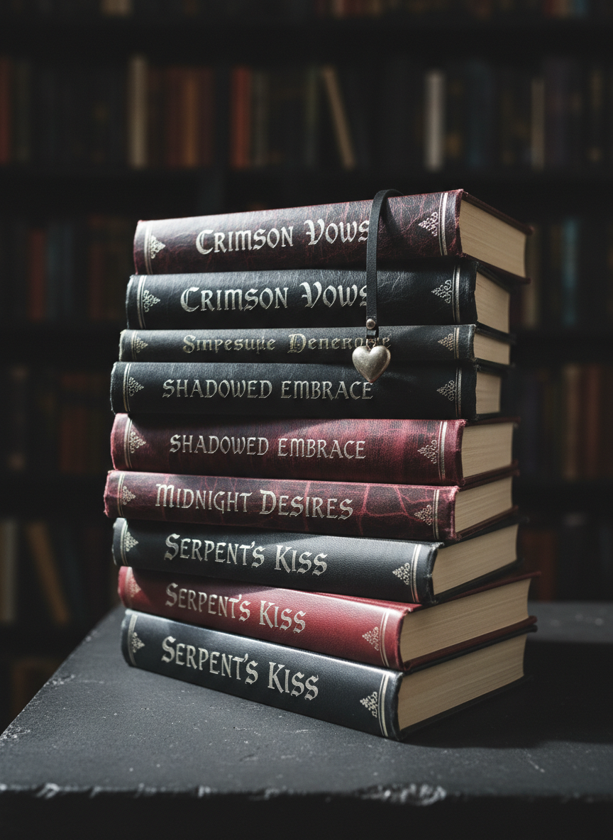 A stack of well-worn dark romance hardcovers with black and deep burgundy dust jackets, their spines embossed with silver foil titles and faintly frayed edges, rests on a matte obsidian table. A single black leather bookmark with a small metal heart charm dangles between the pages of the top book. In the background, blurred shelves of shadowy books fade into near-blackness. Low, directional light from the left carves out sharp highlights along the book spines and casts long, moody shadows. Photographic realism, eye-level composition, shallow depth of field, and a brooding, seductive atmosphere that hints at forbidden stories and late-night book club sessions.