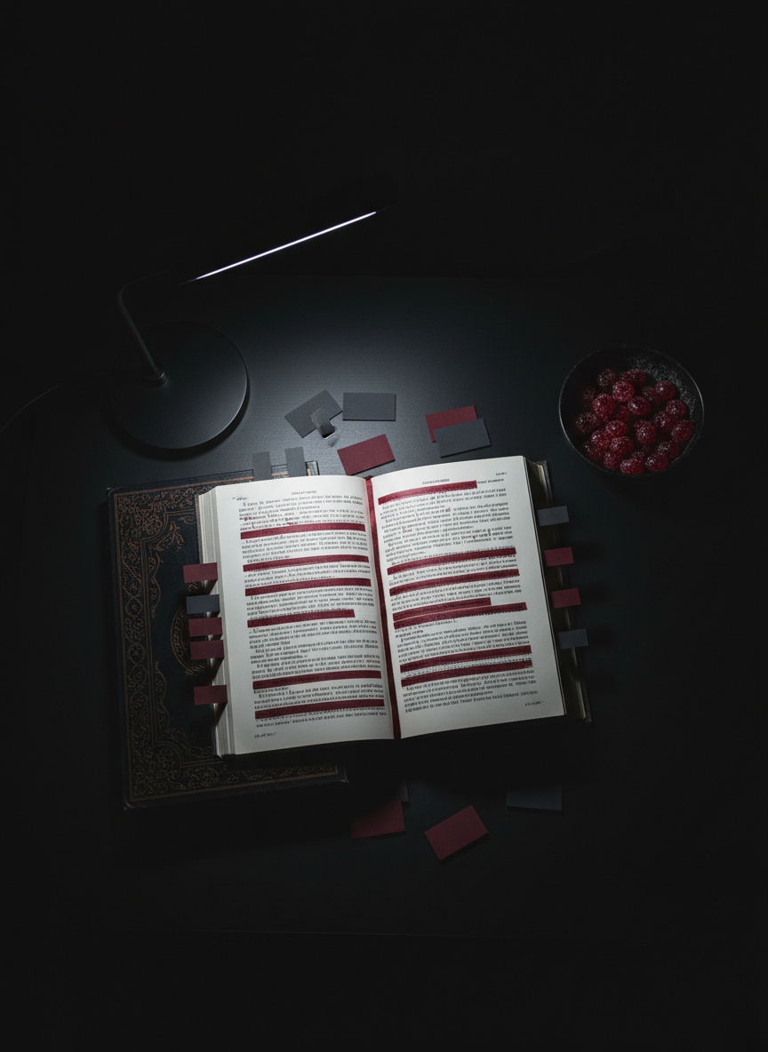 A moody tabletop scene of a dark romance annotation session: an open book filled with highlighted passages in dark red ink lies on a matte black desk. Around it are neatly arranged sticky tabs in shades of oxblood and charcoal, a black metal book light casting a narrow, cool beam across the text, and a small black ceramic bowl filled with crimson candies. The rest of the desk fades into darkness, with only the thin beam of light defining the main objects. Photographic realism, top-down angle, high contrast, and an obsessive, analytical mood that captures the intensity of dark romance fans.